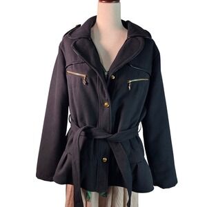 Baby Phat Black Belted Peplum Jacket Gold Hardware Y2K Cat Logo Trench Coat XL